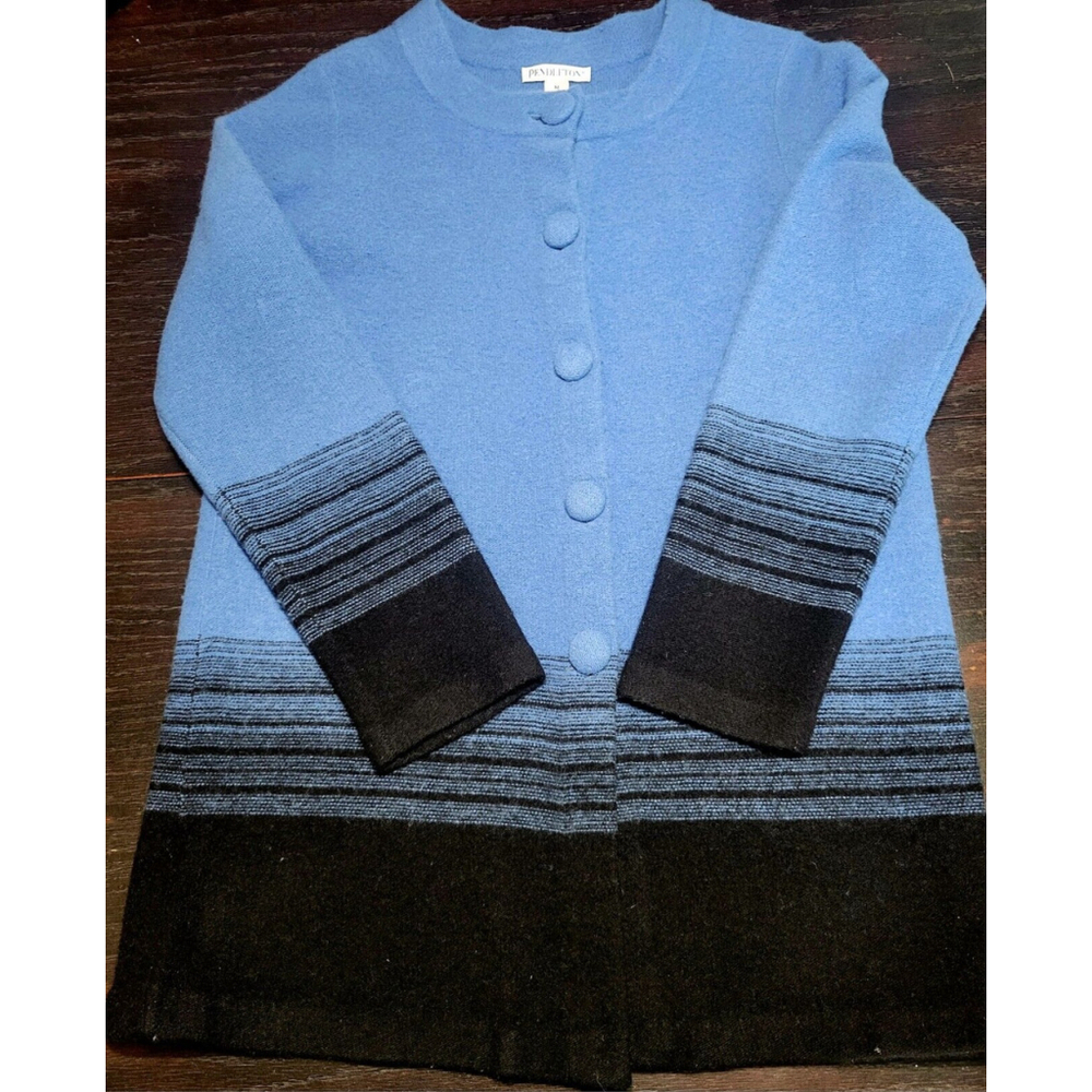 Pendleton 100% Lambswool Cardigan Sweater Womens Long Med Blue And Black
